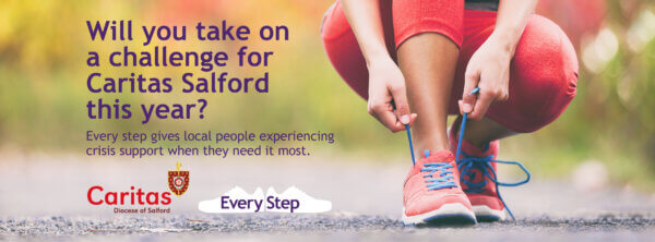 Person's feet in red trainers with hands tying laces. Text on graphic reads Will you take on a challenge for Caritas Salford this year? Every step gives people experiencing crisis support when they need it most