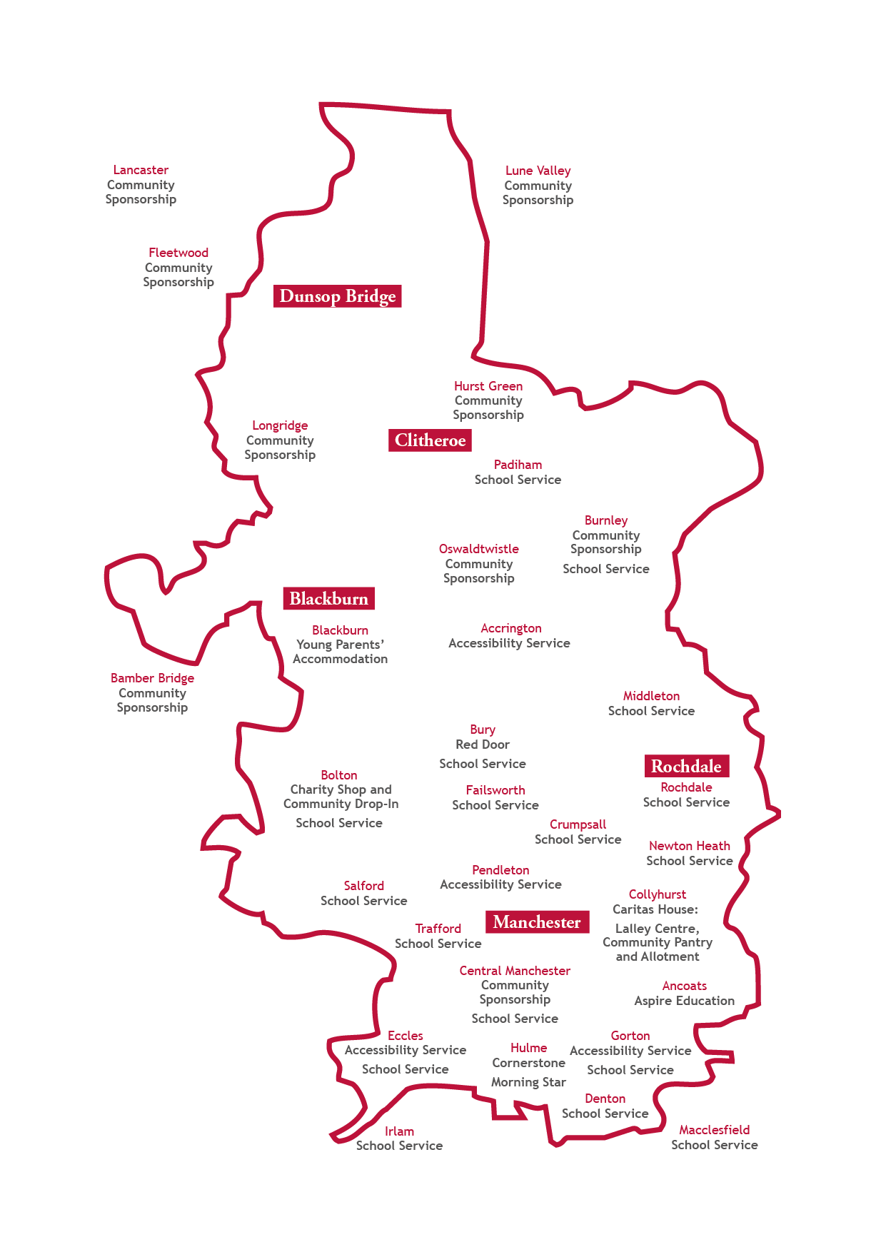 Outline of Greater Manchester and Lancashire locations where Caritas services operate