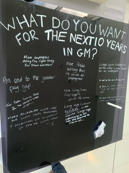 Blackboard with white writing on it. The question says What do you want for the next ten years in GM?