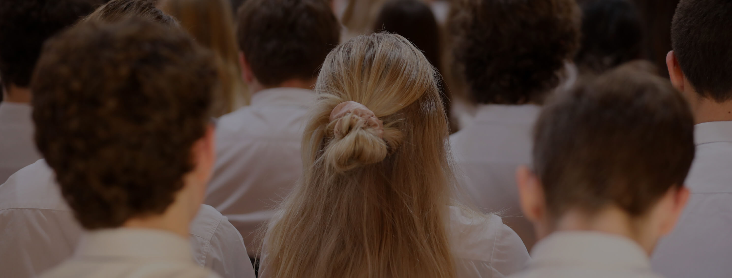 Back of heads of group of school pupils in white shirts